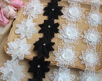 Exquisite double-layer pearl beaded lace appliqué ivory headband, girl dress, scrapbooking embellishment