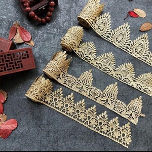 Encaje de corona, ribete de encaje bordado en oro, falda con ribete dorado, para bodas, manualidades, tocados, 1 yarda