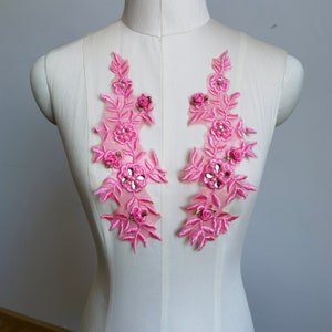 Pink beaded rhinestone lace applique
