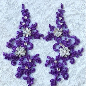 Purple rhinestone applique, beaded lace applique, French Chantilly lace applique, 3D bridal lace applique