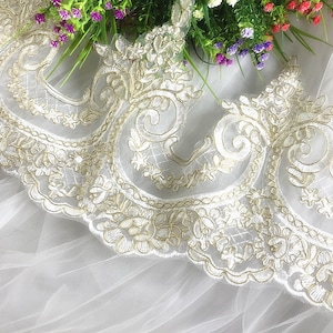 Ivory and gold Alencon lace metal lace lace trim, organza embroidered lace, bridal wedding veil ivory lace trim