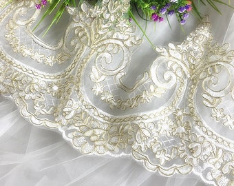 Elfenbein und gold Alencon Spitze Metall Spitze Spitze Borte, Organza bestickte Spitze, Braut Schleier elfenbein Spitze Borte