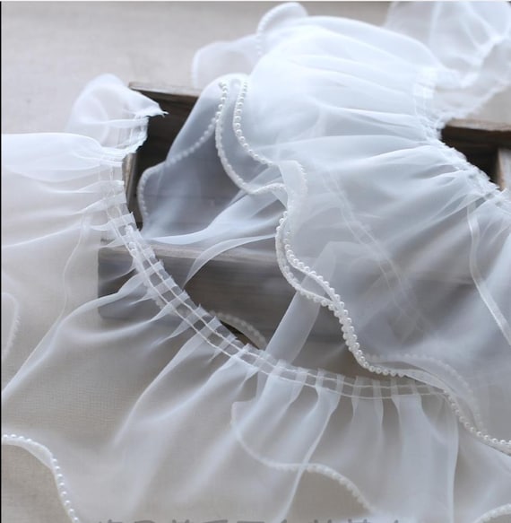 White Organza Ruffle Trim, Pleated Pearl Trim, Suitable for Doll