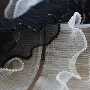 3.93&quot; white and black double-layer tulle pleated beaded lace trim is suitable for dress neckline, curtain DIY craftsmanship