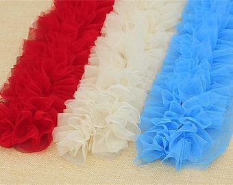 Multi-coloured ruffled tulle trim, pink pleated mesh, tutu dress, ruffled mesh, doll apparel, wedding decor,