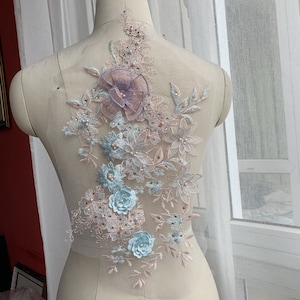 powder blue lace appliqué, beautifully beaded 3d flower bridal lace applique for lyrical dance, haute couture dress,