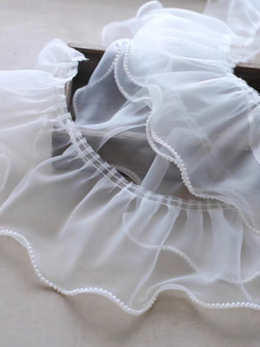 White Organza Ruffle Trim, Pleated Pearl Trim, Suitable for Doll