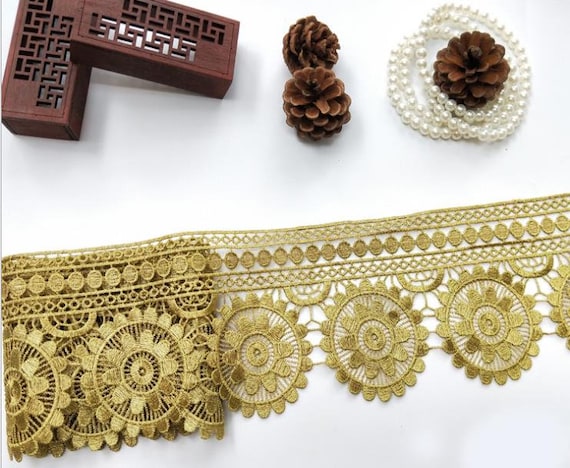 Gold Metallic Flower Design Cotton Embroidery Lace Trim for Fancy Garment -  China Lace and Cotton Lace Trim price