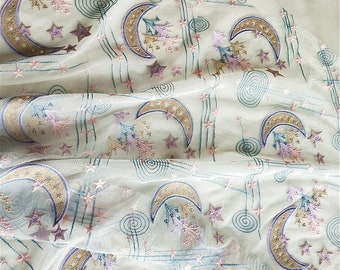 High-quality children's dresses in tulle and lace, candy-colored lace, stars, moon, universe on tulle