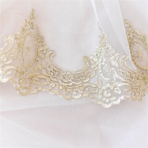 Luxurious Lace Gold Alencon Lace Embroidered Tulle Lace Fabric Trim for DIY Wedding, Bridal Veils, Garments