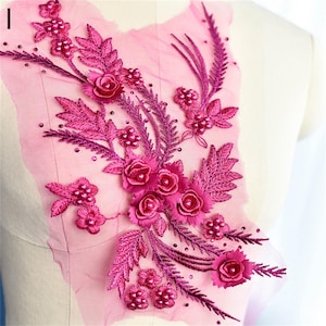 Lace Applique, Pink Flower Applique, Beaded Embroidered Bridal Applique,