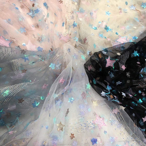 High-quality tulle sequins star lace fabric, soft lace fabric, stars on tulle fabric, dress gown fabric