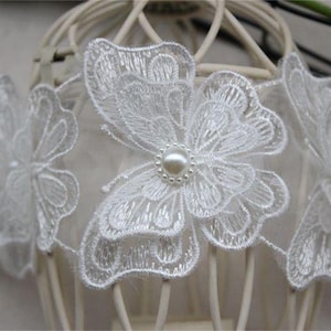 Beautiful organza butterfly applique lace, off white beaded lace trim for headbands, sashes, applique, bridal belt