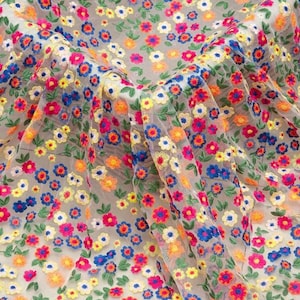 Colorful floral tulle lace fabric, used for bridal dress, flower girl dress, bohemian dress fabric