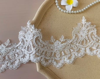 Finiture in pizzo Alencon bianco di alta qualità, pizzo con bordo in velo da sposa, finiture in pizzo con velo da sposa haute couture
