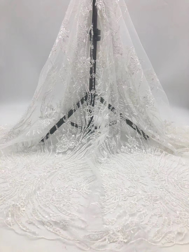 white lace Sequin beaded lace fabric bridal lace sequin lace embroidery floral lace 1 yard wedding lace