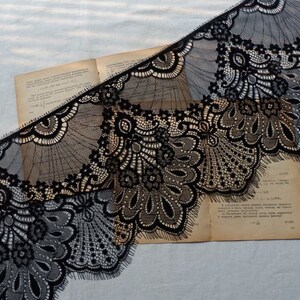 May include: Black lace trim with a scalloped edge and intricate floral patterns. The lace is delicate and has a soft, flowing texture.