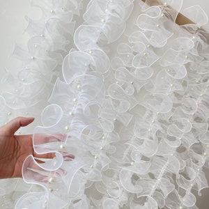 4.3&quot; Off-White Organza Beaded Lace, Ruffled Pearl Trim, Pleated Sewing Lace Trim, Wedding Cosplay Party Dress