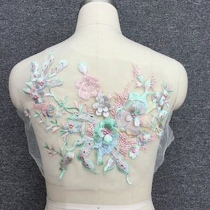 Pink green applique, 4 color beaded lace applique, 3d flower applique, one piece