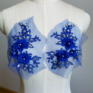 Blue handmade beaded lace applique, 3D lace applique, lyrical dance lace applique, dance costume lace applique