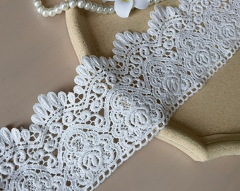 3.74" white cotton lace trim, cotton wedding fabric, fan-shaped floral lace