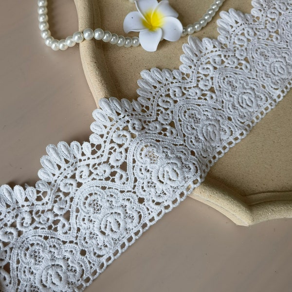 3.74" white cotton lace trim, cotton wedding fabric, fan-shaped floral lace