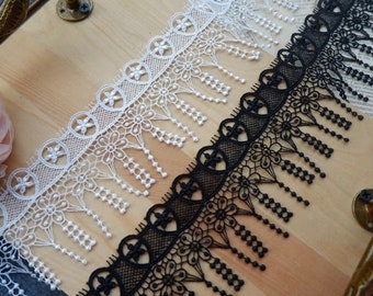 2 yards White vintage fringed lace trim for baffles, bridal, lace scarves