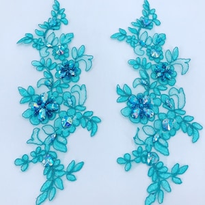 Lake blue beaded rhinestone lace applique