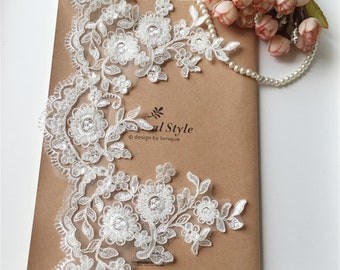 Luxury Off White Beaded Sequined Lace Trim, Floral Alencon Lace Trim, Wedding Dress Supplies Costume Design Flower Applique Lace Trim,
