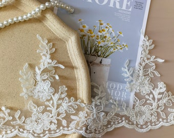 Luxury Off White Beaded Sequined Lace Trim, Floral Alencon Lace Trim, Wedding Dress Supplies Costume Design Flower Applique Lace Trim,