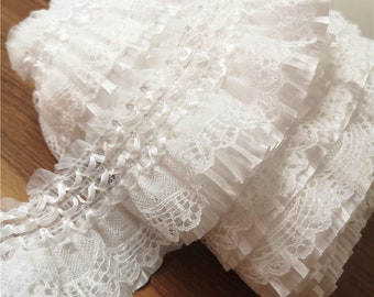 Lolita pattern pleated lace trims,off white,ruffled lace,for prom dress,doll making,dress sleeves,7.5cm 2.9",ruffled lace by the meter