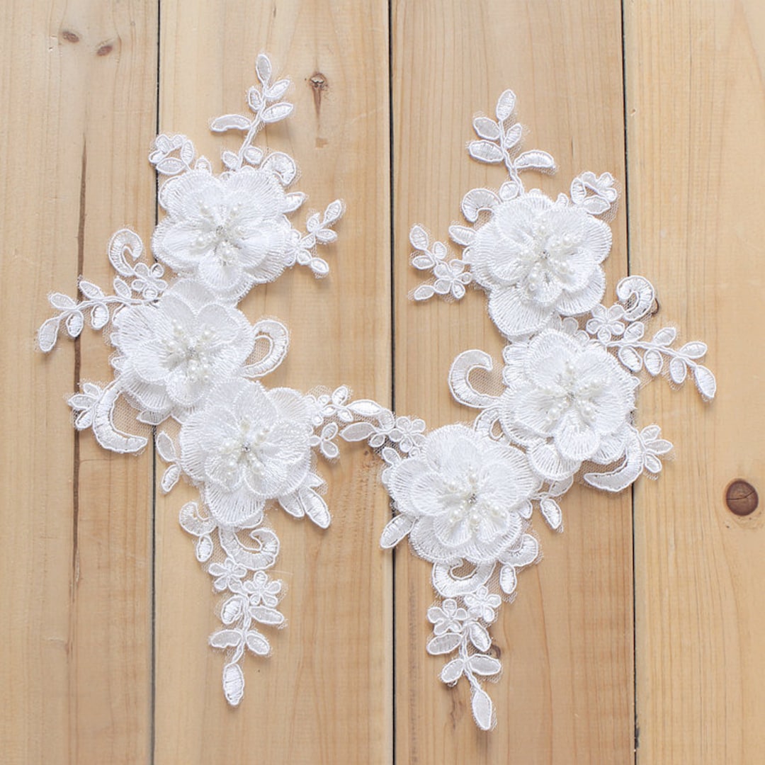 Ivory Beaded Flower Lace Applique Pair for Wedding Gown, Bridal