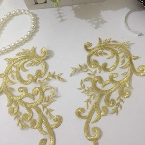Gold Alencon lace applique embroidery patch, suitable for wedding dress applique, sewing, clothing 1 pair
