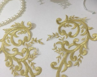 Gold Alencon lace applique embroidery patch, suitable for wedding dress applique, sewing, clothing 1 pair