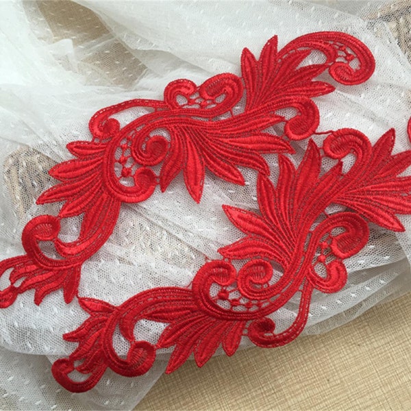 ONE PAIR red  and white Venise lace appliqué,red  floral applique, wedding lace applique, neckline lace