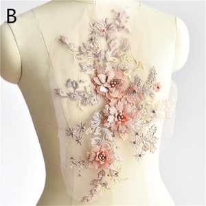 Multi-color lace appliqué, 3d flower appliqué, beaded embroidered bride applique,