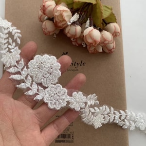 Milky white beaded sequined bridal veil trim, rayon lace trim, gorgeous design and high quality