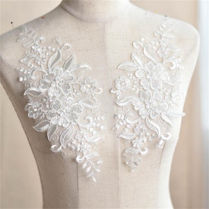 a pair Alencon ivory wedding lace applique, bridal lace applique for wedding gown, bodice