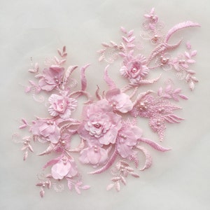 3D flower bridal lace, baby pink lace applique, wedding beaded appliqué, women&#39;s hat, lace bodice, dress