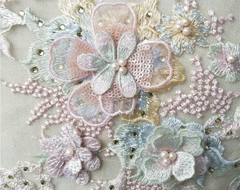 Candy color3d bridal lace Sequin beading applique, wedding dress bridal veil embellishment, bridal applique