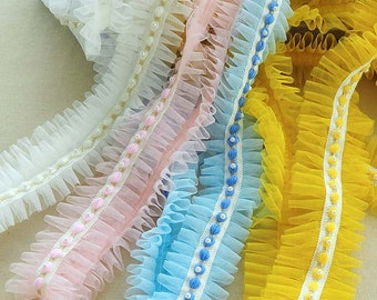 Handmade mesh beads with pleated lace trim, baby dress lace trim