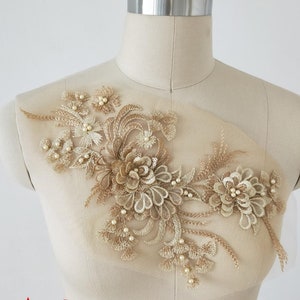 3D floral pearl beaded lace applique, embroidered lace flower pattern, used for wedding dresses, costumes, and ball gowns