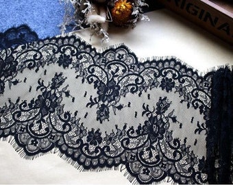 3 Yards off white French Chantilly Lace ,Exquisite Wide Black Eyelash Lace Trim