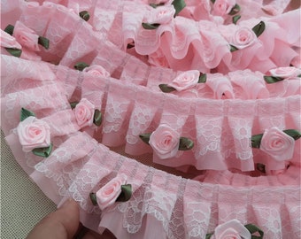 Pink Ruffle Lace, Pleated Trim Lace, Pink Rose Flower Lace for Doll Dress, Bloomers, Flower Headband
