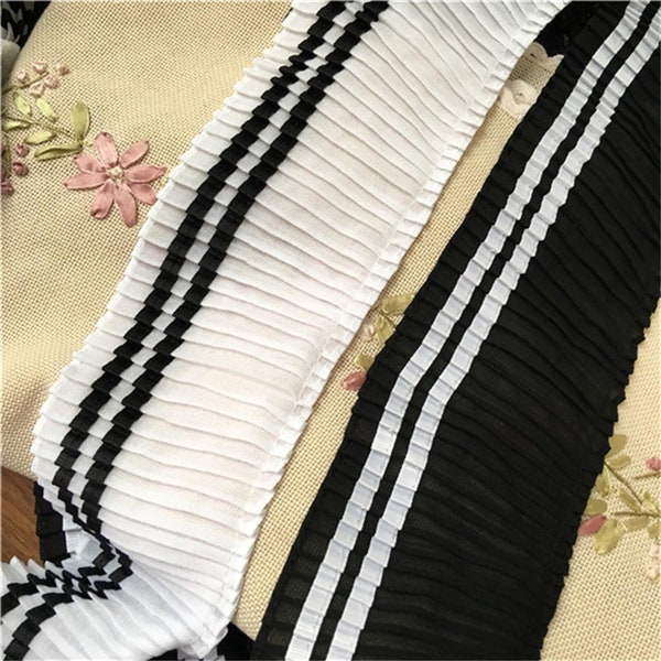 Pleated Chiffon Lace Trimmed Ruffle Ribbon Chiffon Ruffle 8.5cm 3.3" DIY Clothing Ruffled Lace White Black