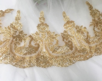 Champagne gold shiny hot diamond sequined lace trim, wedding dress, dance dress