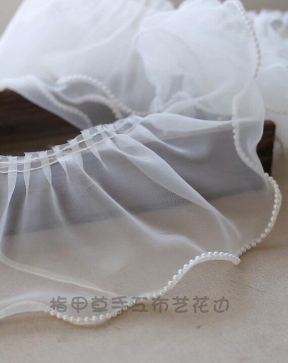 White Organza Ruffle Trim, Pleated Pearl Trim, Suitable for Doll