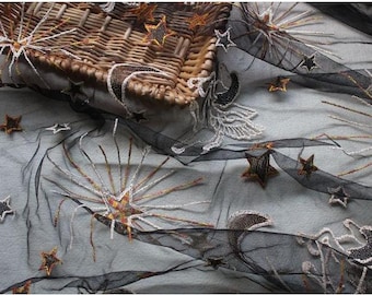 High quality tulle lace fabric, white and black embroidered lace fabric, stars, moon, horse pattern on tulle fabric