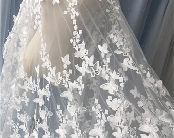 White butterfly fabric, bridal butterfly lace fabric, 3D butterfly applique fabric wedding dress lace fabric