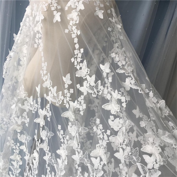 White butterfly fabric, bridal butterfly lace fabric, 3D butterfly applique fabric wedding dress lace fabric